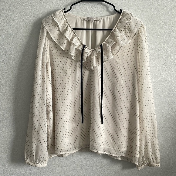 Loft Ivory Black Polka Dot Blouse Large Petite - Picture 4 of 11